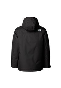 Giacca nera con cappuccio dalla finitura liscia e opaca. Presenta un logo vicino al collo e maniche lunghe con polsini regolabili.