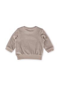 Hellbeiges Langarmshirt aus weichem Stoff mit rundem Ausschnitt, gerafftem Bund und ärmelbündchen. Glatte Textur.