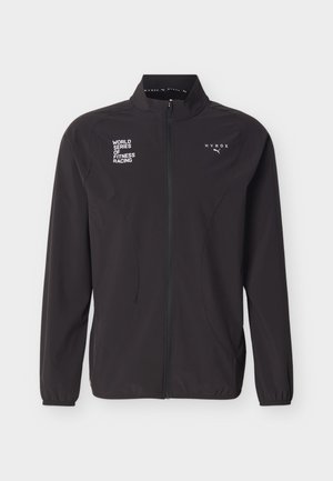 Fekete, teljes hosszában cipzáras sportdzseki, mellkasán "World Series of Fitness Racing" és "HYROX" Puma logókkal, elasztikus mandzsettákkal és álló gallérral.