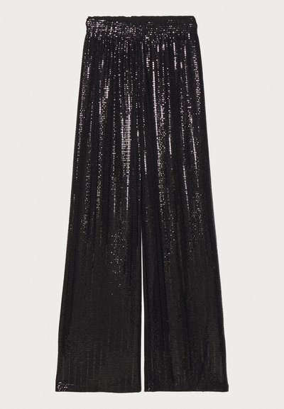 Pantalons larges noirs en tissu pailleté, présentant une surface texturée et une taille élastique pour un fit confortable.