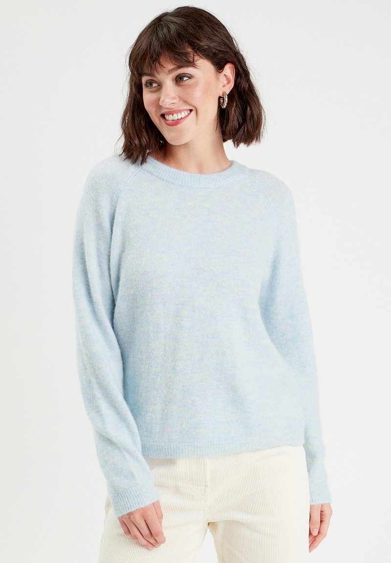 Suéter esponjoso de color azul claro, con cuello redondo y mangas largas, que presenta puños y dobladillo acanalados en una suave tela texturizada.