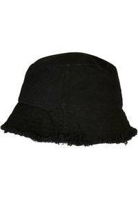 Sort bøllehat med en struktureret overflade, frynset kant og glat top. Fremstillet af stof med en blanding af paneler for designsvariation.