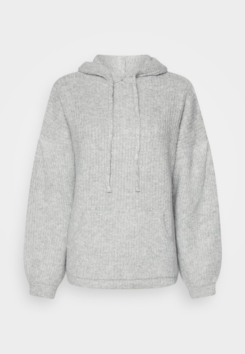 Pull à capuche gris clair en maille avec manches longues et poche kangourou devant sur fond blanc.