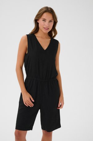 Schwarzer ärmelloser Jumpsuit mit V-Ausschnitt, elastischem Bund und lockeren Shorts. Hergestellt aus leichtem Stoff mit weicher Textur.