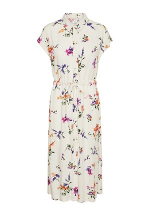 Blomstrete midi-kjole i kremfarget stoff; har korte ermer, krage, knappefront og snor i livet; dekorert med lilla og oransje blomster.
