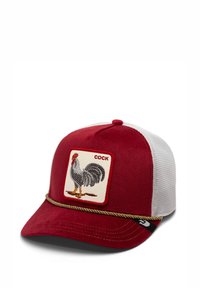 Red and white trucker cap with a felt front, featuring an embroidered rooster patch and a decorative rope band along the brim.