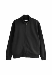 Schwarze Zip-Jacke mit hohem Kragen und langen Ärmeln, mit Rippbündchen und Saum, auf einem weißen Hintergrund präsentiert.