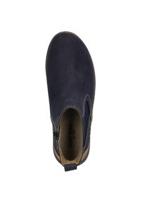 Marineblaue Lederstiefelette mit runder Zehenpartie, seitlichem Reißverschluss und beigefarbenen Akzenten. Glatte Textur mit dezenten Steppnähten.