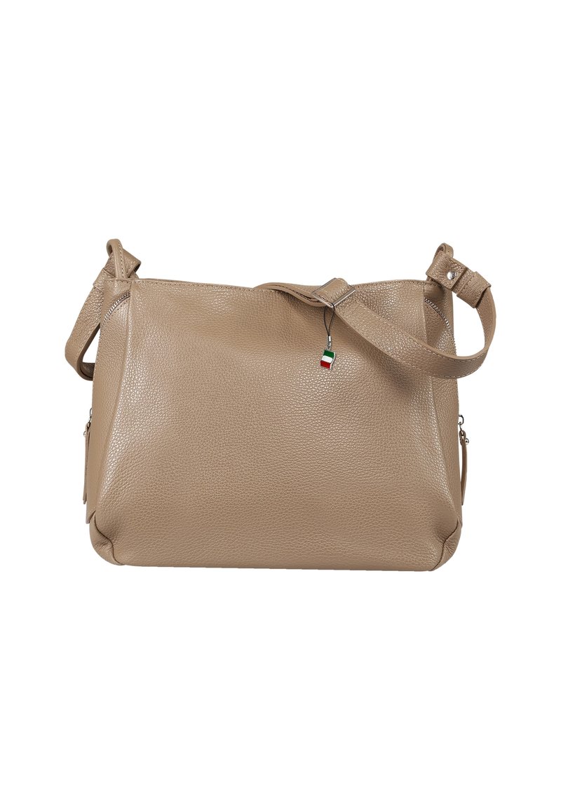 Beige schoudertas van getextureerd leer met verstelbare band, ritssluitingen aan de zijkanten en een kleine Italiaanse vlag als bedeltje aan de voorkant.