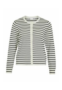 Cardigan a righe bianche e nere con maniche lunghe, scollatura rotonda e chiusura frontale con bottoni. Tessuto morbido con righe orizzontali.