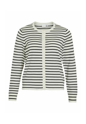 Černobíle pruhovaný kardigan s dlouhými rukávy, kulatým výstřihem a zapínáním na knoflíky vpředu. Měkká látka s horizontálními pruhy.