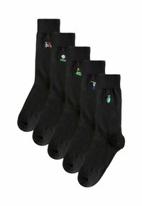 Calze nere in cotone con cinque diversi motivi ricamati a tema golf: carrello da golf, pallina da golf, putting green, golfista e borsa da golf.