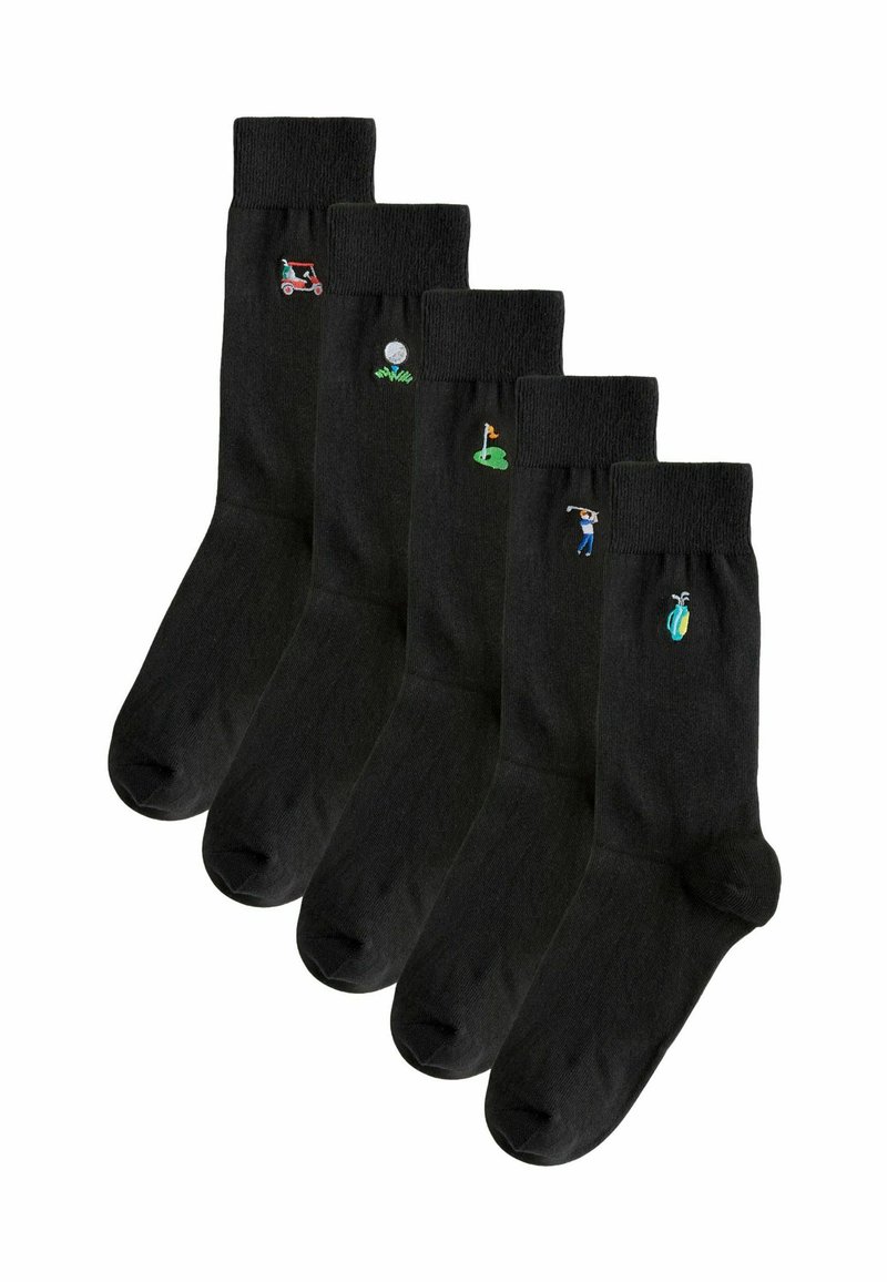 Calze nere in cotone con cinque diversi motivi ricamati a tema golf: carrello da golf, pallina da golf, putting green, golfista e borsa da golf.
