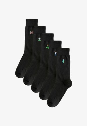 Black cotton socks featuring five different embroidered golf-themed designs: golf cart, golf ball, putting green, golfer, and golf bag.