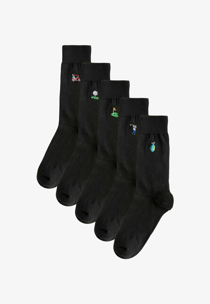 Sorte bomuldsstrømper med fem forskellige broderede golf-tema designs: golfvogn, golfbold, puttinggreen, golfspiller og golfbag.