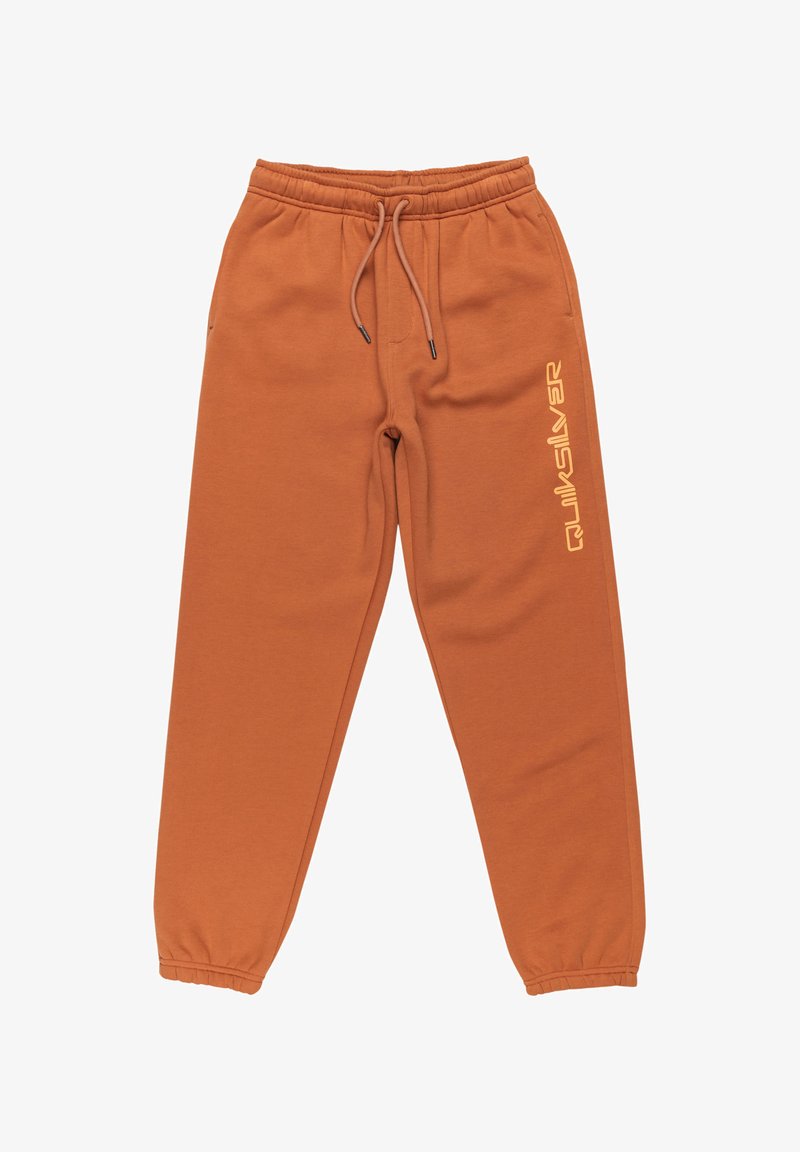 Oranje sweatpants met elastische tailleband, verstelbare trekkoord en logodetail in het geel. De stof lijkt glad en heeft een relaxte pasvorm.