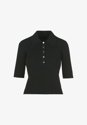 Zwarte gebreide polo met korte mouwen, geribbelde textuur en een vijfknops sluiting met zilveren accenten. Klassiek kraagontwerp.