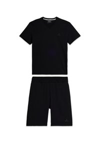 T-shirt nera a maniche corte con scollo a V e pantaloni abbinati. Entrambi realizzati in tessuto morbido con elastico in vita e dettagli del logo discreti.