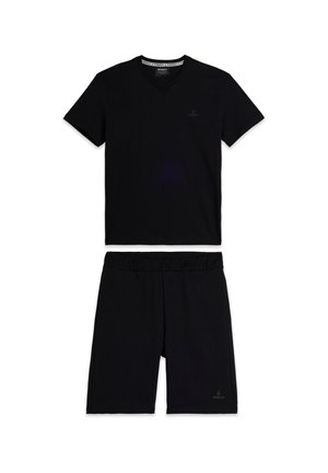T-shirt nera a maniche corte con scollo a V e pantaloni abbinati. Entrambi realizzati in tessuto morbido con elastico in vita e dettagli del logo discreti.