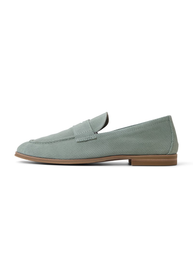 Light green suede loafer with perforated texture, almond-shaped toe, and a flat brown sole. No visible hardware or additional accents.