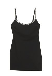 Black tank top with slim straps, embellished neckline featuring clear rhinestones, smooth fabric, and a fitted silhouette.