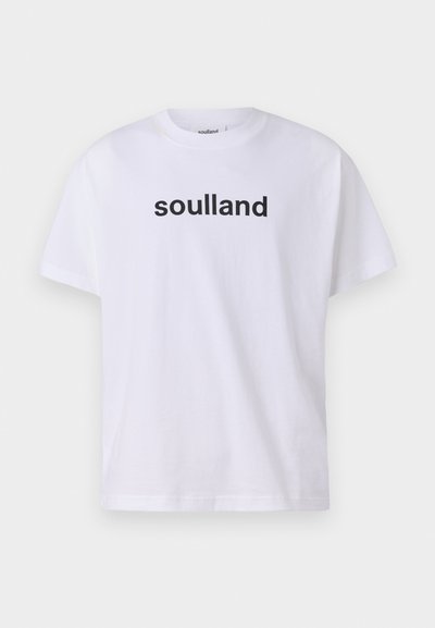 Valge puuvillane t-särk lühikeste varrukatega, millel on must trükitud logo "soulland" rinnal. Sile tekstuur, tavaline lõige.