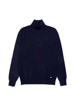 Maglione a collo alto blu navy realizzato in tessuto morbido, con maniche lunghe e orlo a fondo aderente. Design minimalista senza motivi visibili.