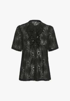 Blouse en dentelle noire à manches courtes, ornée de motifs floraux, avec un devant boutonné et un col froncé. Texture et transparence.