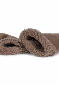 Guanti di pile marroni foderati con texture morbida e superficie esterna liscia. Presentano polsini arrotolati per un maggior calore e comfort.