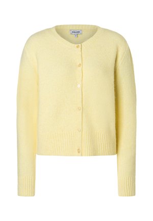 Gelber Strickcardigan mit rundem Ausschnitt, gerippten Bündchen und Saum, fünf abgerundeten Knöpfen und weichem, strukturiertem Stoff.