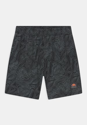 Short noir avec motifs gris de lignes topographiques et taille élastique, avec un petit logo ellesse sur la jambe inférieure droite.