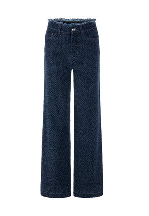Wide-leg denim trousers in dark blue, featuring a textured weave and frayed waistline. Includes front pockets and a button fastening.