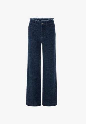 Wide-leg denim trousers in dark blue, featuring a textured weave and frayed waistline. Includes front pockets and a button fastening.