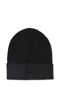 Zwarte gebreide beanie met een geribde opvouwbare rand, zachte textuur, ronde bovenkant en naadloze constructie. Geschikt voor koud weer.