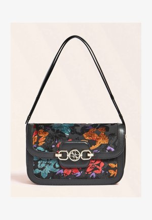 Taske med blomstermønster, sort læderkrop, guldfarvet beslag og lukning med klap i toppen. Har et farverigt, tekstureret blomstermotiv.