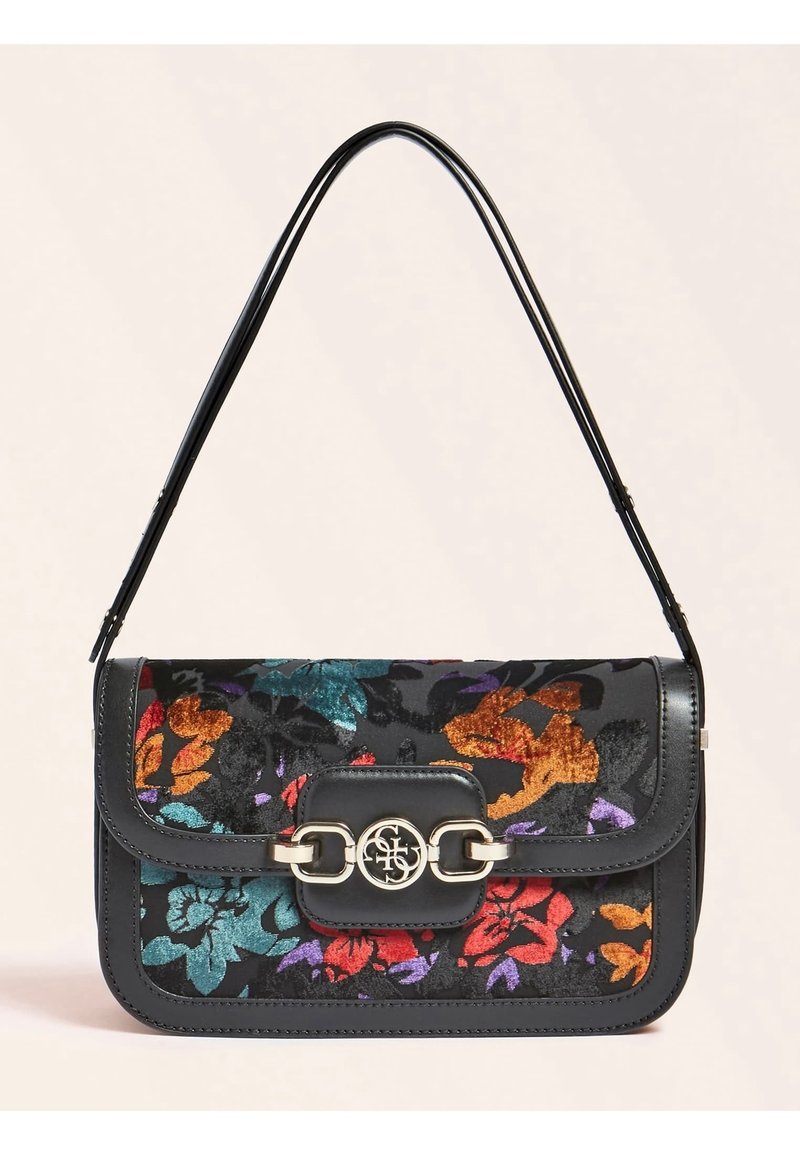 Sac à main à motif floral avec un corps en cuir noir, une ferrure dorée et une fermeture à rabat supérieur. Présente un motif floral coloré et texturé.