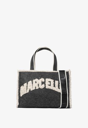 Gray felt tote bag with cream fuzzy trim, featuring the text "MARCELLIS" in white lettering across the front. Black dual handles.