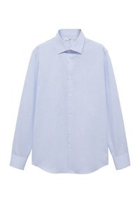 Camicia da uomo a maniche lunghe, di colore azzurro chiaro, con colletto classico, chiusura frontale a bottoni e taschino sul petto.