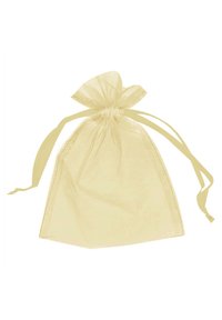 Gelber Organza-Geschenksack mit Drawstring-Verschluss. Durchsichtiger, leichter Stoff mit leicht gerippter Textur und glatten Bandbändern.
