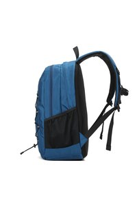 Zaino blu con una finitura testurizzata, molteplici scomparti, tasca laterale in rete e spallacci neri regolabili. Progettato per funzionalità e durata.