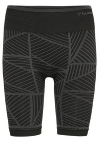 Svarta cykelbyxor med ett geometriskt bladmönster i olika nyanser av grått. Tillverkade av ett flexibelt, texturerat tyg med en bred midja.