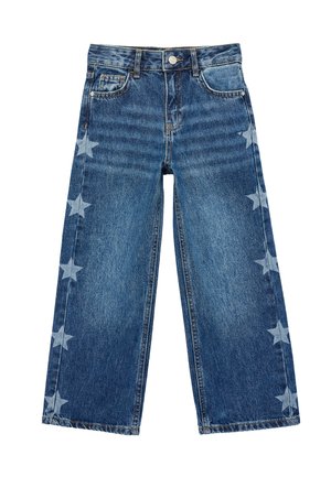 Blå denim viddebukser med lyse vaskede stjernemønstre, der løber ned langs ydersiden af hvert ben, og klassisk design med fem lommer.