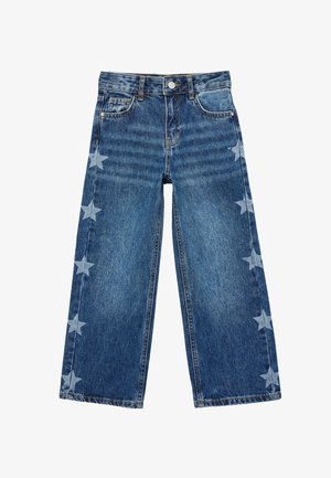 Niebieskie dżinsy o szerokich nogawkach z jasnymi, spranymi wzorami gwiazd biegnącymi wzdłuż zewnętrznych stron każdej nogawki oraz klasycznym krojem z pięcioma kieszeniami.