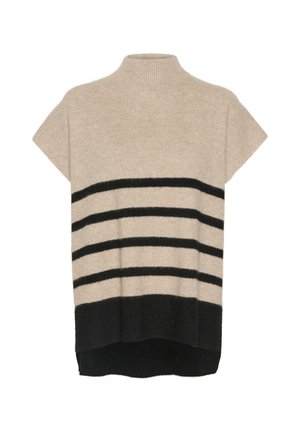 Beige knitted top with short sleeves, high neck, featuring black horizontal stripes and a solid black hem. Soft, textured finish.