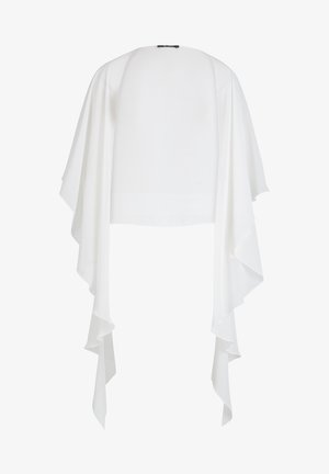 Étole blanche légère avec des bords froncés fluides, des manches trois-quarts et une texture lisse. Idéale pour le superposition.