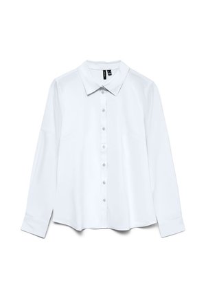 White long-sleeve button-up shirt with pointed collar, front buttons, and cuffs, displayed flat on a plain white background.