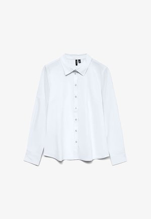 Λευκό πουκάμισο με μακριά μανίκια, κουμπιά μπροστά, μυτερό γιακά και μανσέτες, απλωμένο επίπεδα σε ένα μονόχρωμο λευκό φόντο.