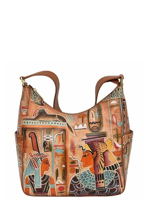 Mehrfarbige Leder-Schultertasche mit ägyptischen Hieroglyphen-Designs, glatter Textur und braunen Schulterriemen. Mit zwei Seitentaschen.