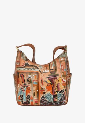 Mehrfarbige Leder-Schultertasche mit ägyptischen Hieroglyphen-Designs, glatter Textur und braunen Schulterriemen. Mit zwei Seitentaschen.