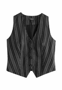 Svart väst med vertikala vita ränder, v-ringning, fem knappar framtill och tapered design. Tillverkad av strukturerad tyg.